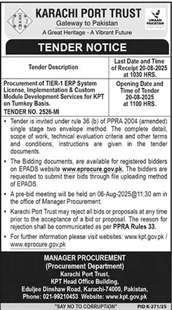 Karachi Port Trust Karachi Tender Notice